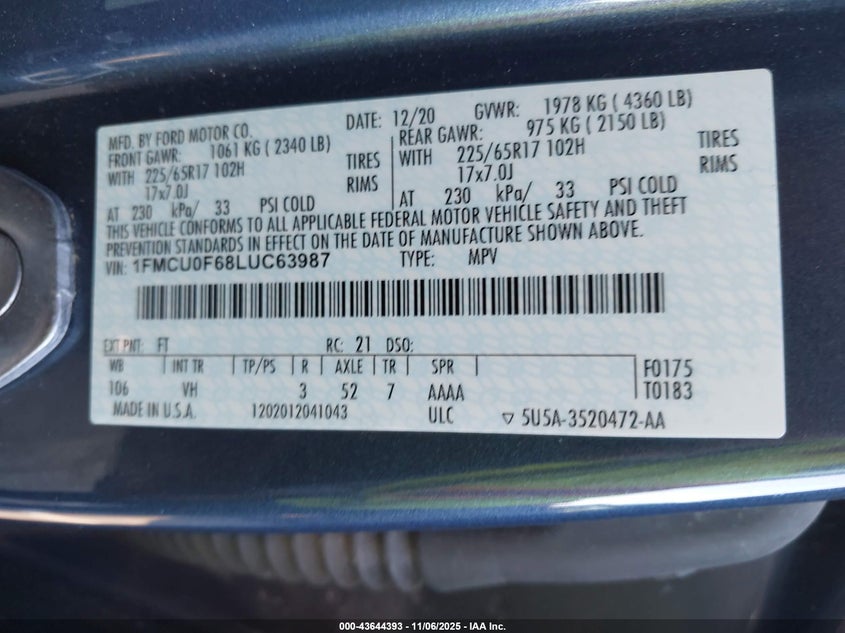 2020 FORD ESCAPE S 1FMCU0F68LUC63987