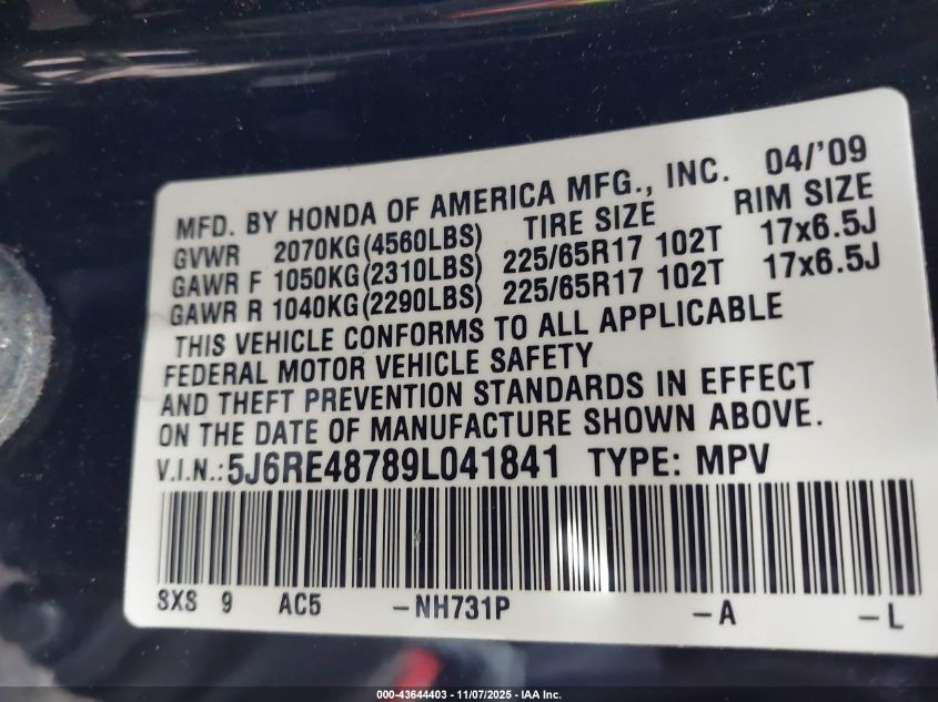 2009 Honda Cr-V Ex-L VIN: 5J6RE48789L041841 Lot: 43644403