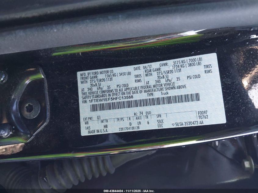 2017 Ford F-150 Lariat VIN: 1FTEW1EF5HFC13588 Lot: 43644404