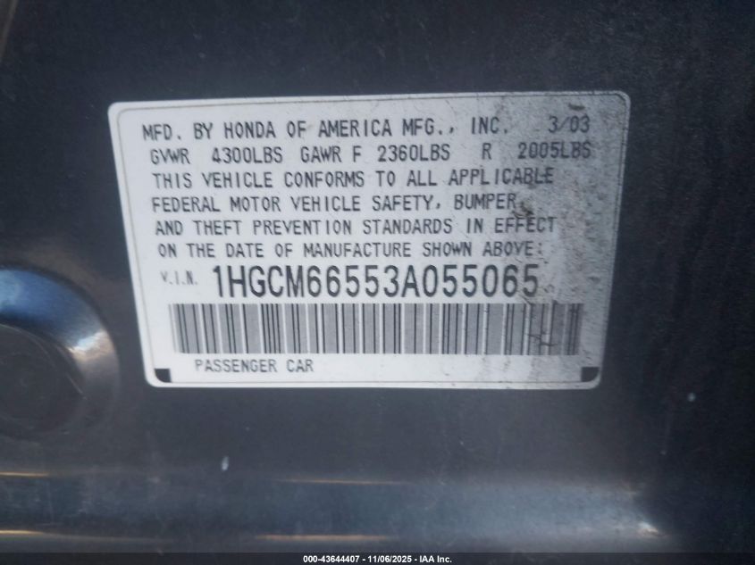 2003 Honda Accord 3.0 Ex VIN: 1HGCM66553A055065 Lot: 43644407