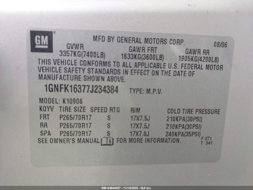 2007 Chevrolet Suburban 1500 Lt VIN: 1GNFK16377J234384 Lot: 43644427