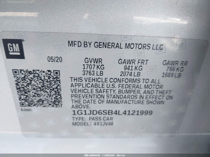 2020 Chevrolet Sonic Fwd Lt 5-Door VIN: 1G1JD6SB4L4121999 Lot: 43644430