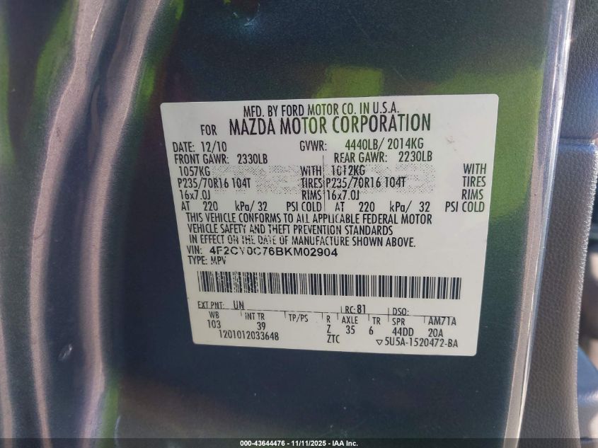 2011 Mazda Tribute I Sport VIN: 4F2CY0C76BKM02904 Lot: 43644476