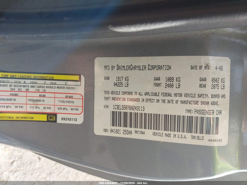 2006 Chrysler Sebring Touring VIN: 1C3EL55R76N243113 Lot: 43644497