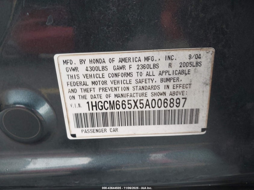 1HGCM665X5A006897 2005 HONDA ACCORD photo no. 9