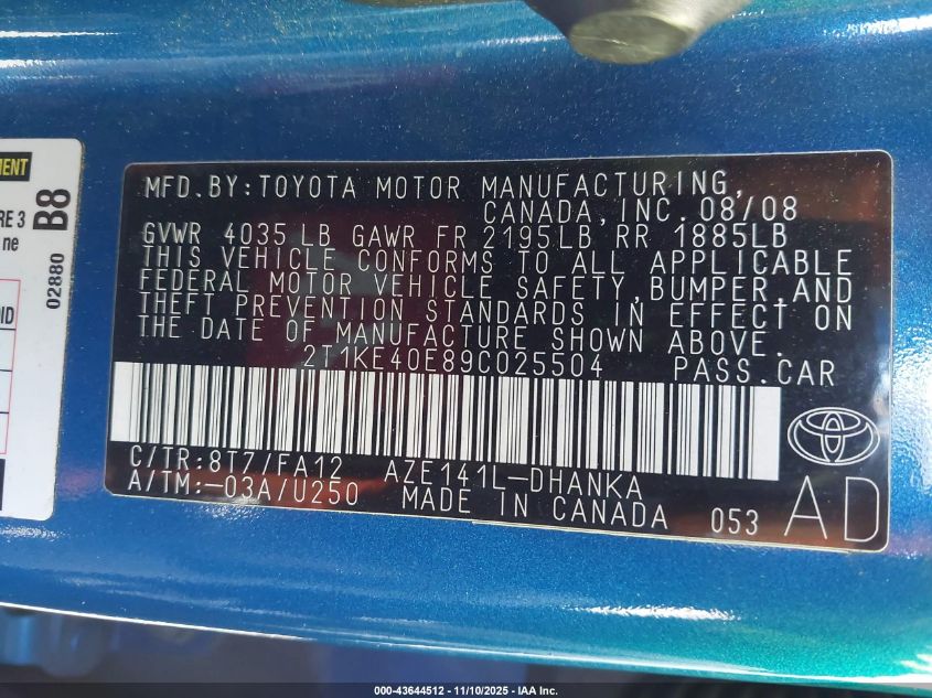 2009 Toyota Matrix S VIN: 2T1KE40E89C025504 Lot: 43644512