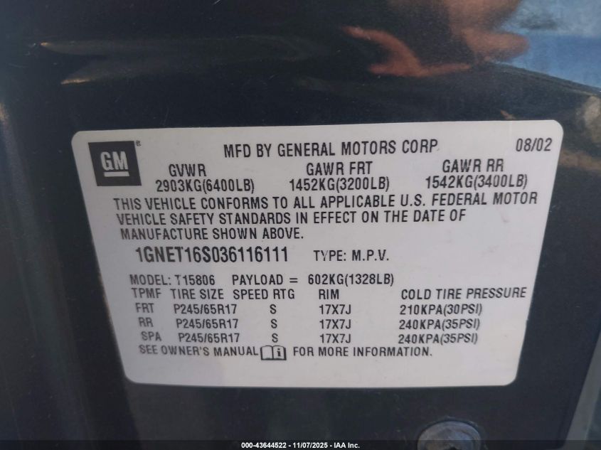 2003 Chevrolet Trailblazer Ext Lt VIN: 1GNET16S036116111 Lot: 43644522