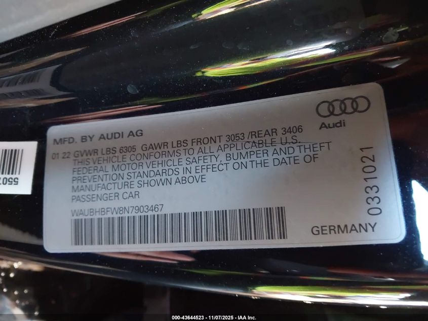 2022 Audi Rs E-Tron Gt Quattro VIN: WAUBHBFW8N7903467 Lot: 43644523