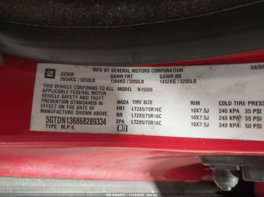 2006 Hummer H3 Suv VIN: 5GTDN136868289334 Lot: 43644537