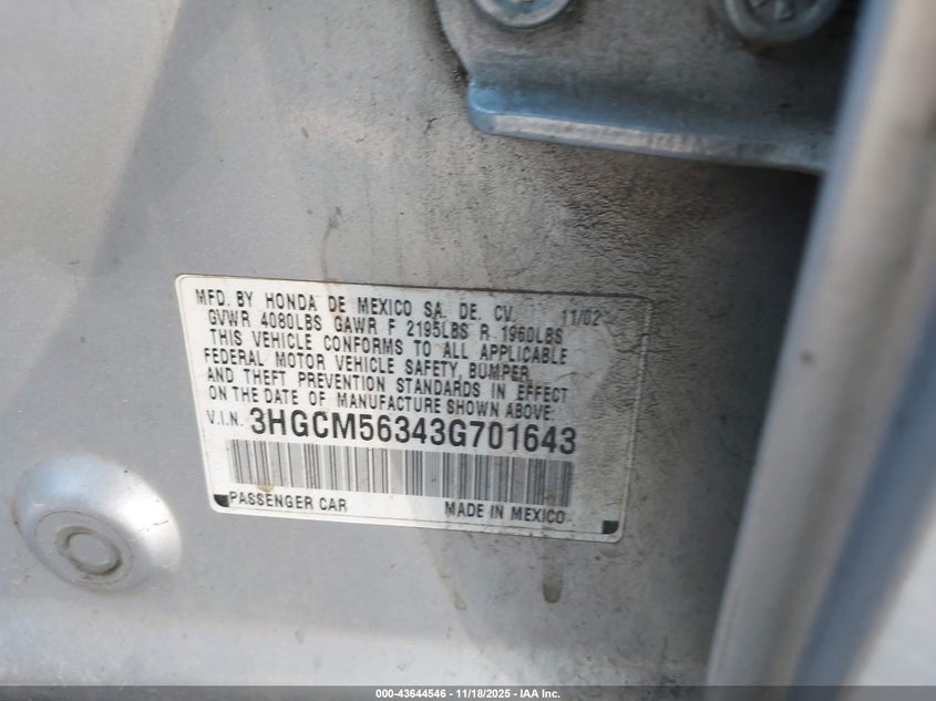 3HGCM56343G701643 2003 HONDA ACCORD photo no. 9