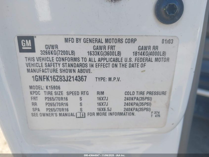 2003 Chevrolet Suburban 1500 Lt VIN: 1GNFK16Z83J214367 Lot: 43644547