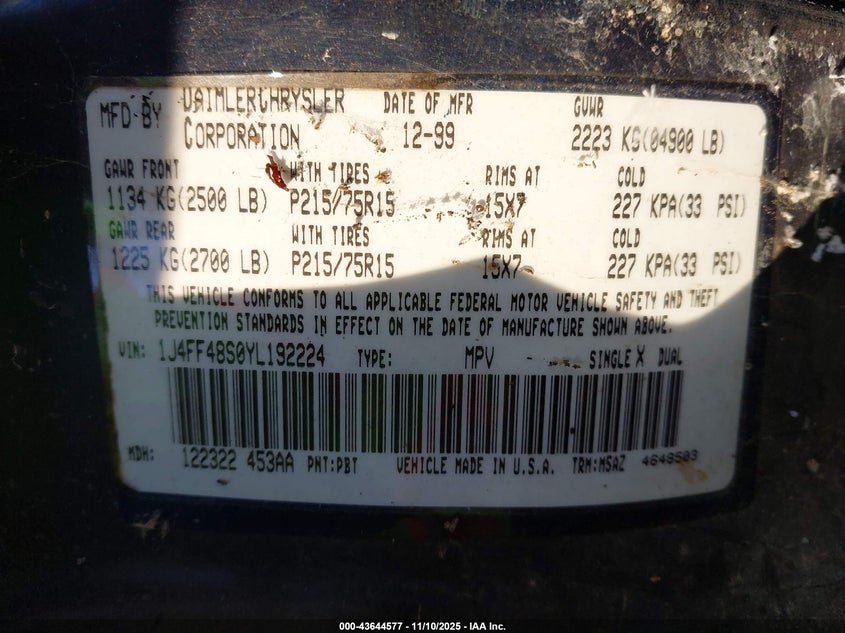 2000 Jeep Cherokee Sport VIN: 1J4FF48S0YL192224 Lot: 43644577