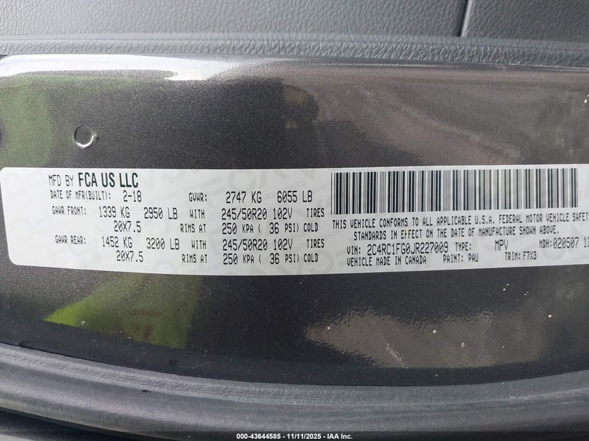 2018 Chrysler Pacifica Touring Plus VIN: 2C4RC1FG0JR227009 Lot: 43644585