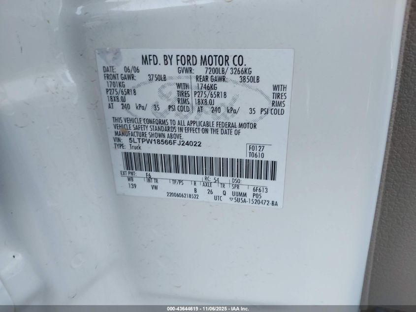 2006 Lincoln Mark Lt VIN: 5LTPW18566FJ24022 Lot: 43644619