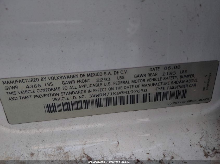 2008 Volkswagen Jetta Se/Sel VIN: 3VWRM71K98M197650 Lot: 43644628