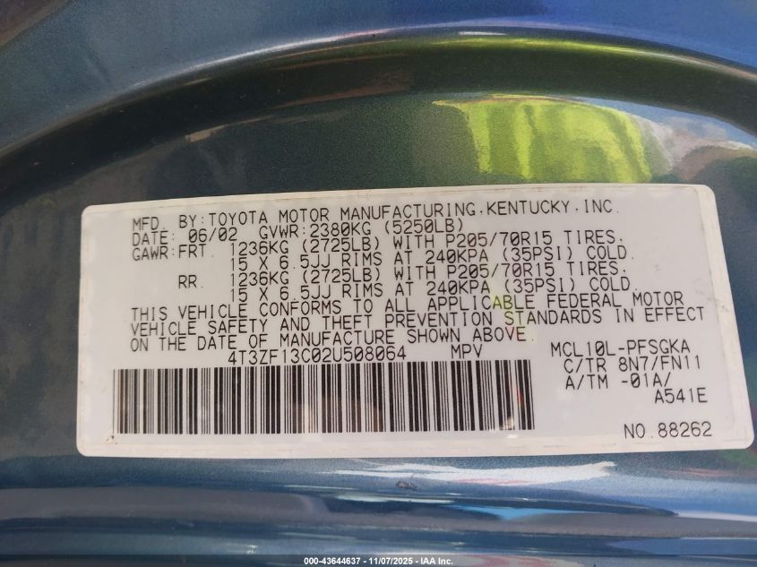 2002 Toyota Sienna Le VIN: 4T3ZF13C02U508064 Lot: 43644637