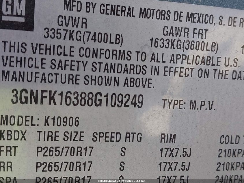 2008 Chevrolet Suburban 1500 Lt VIN: 3GNFK16388G109249 Lot: 43644641