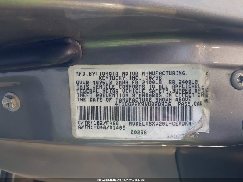 4T1BG22K9VU020936 1997 TOYOTA CAMRY photo no. 9