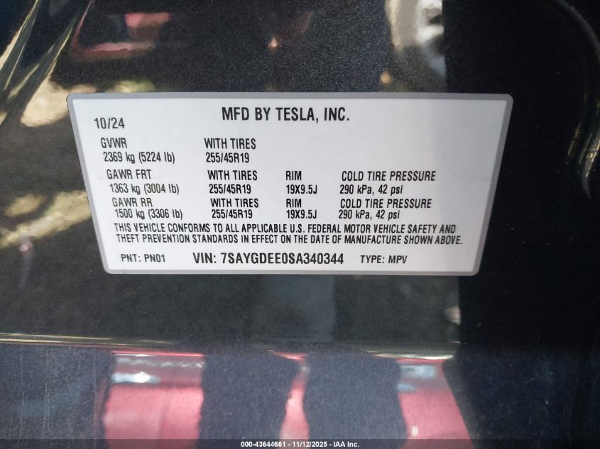 2025 Tesla Model Y Long Range Dual Motor All-Wheel Drive VIN: 7SAYGDEE0SA340344 Lot: 43644661