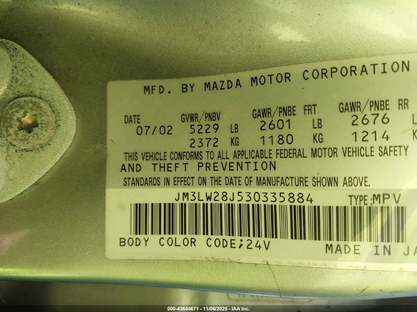 2003 Mazda Mpv Es/Lx/Lx-Sv VIN: JM3LW28J530335884 Lot: 43644671