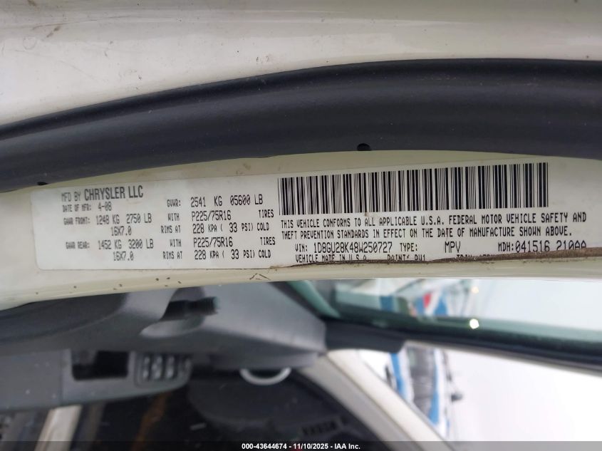 2008 Dodge Nitro Sxt VIN: 1D8GU28K48W250727 Lot: 43644674