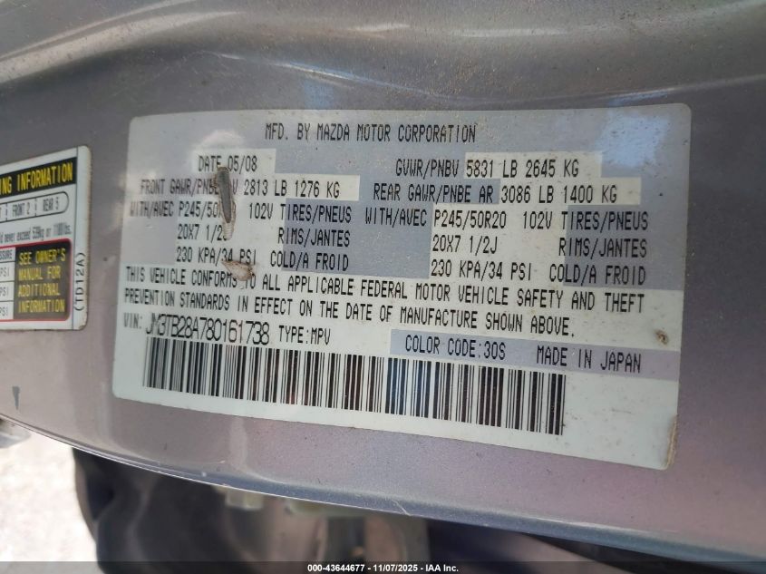 2008 Mazda Cx-9 Grand Touring VIN: JM3TB28A780161738 Lot: 43644677