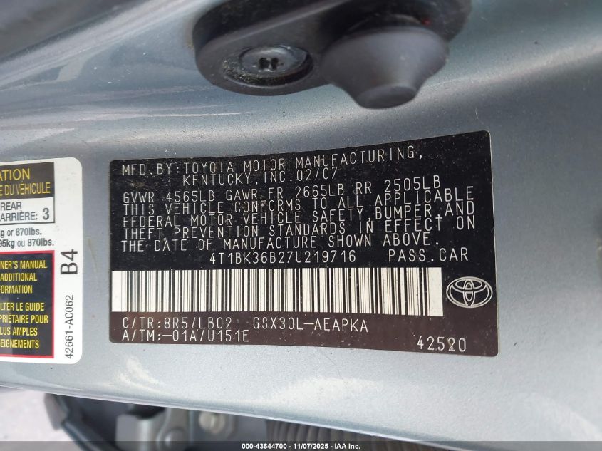 2007 Toyota Avalon Limited VIN: 4T1BK36B27U219716 Lot: 43644700