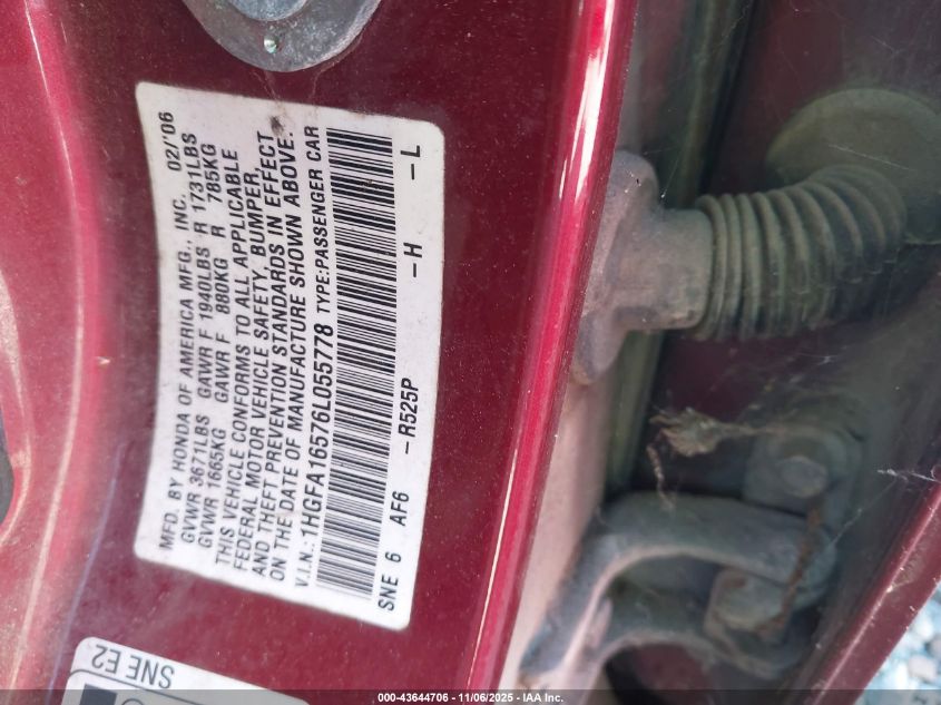 2006 Honda Civic Lx VIN: 1HGFA16576L055778 Lot: 43644706