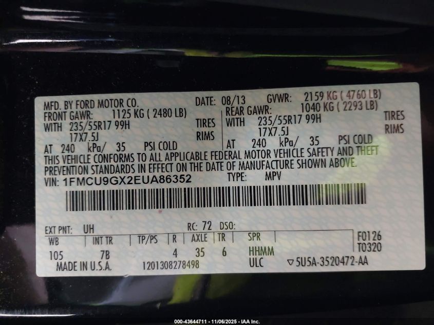 2014 Ford Escape Se VIN: 1FMCU9GX2EUA86352 Lot: 43644711