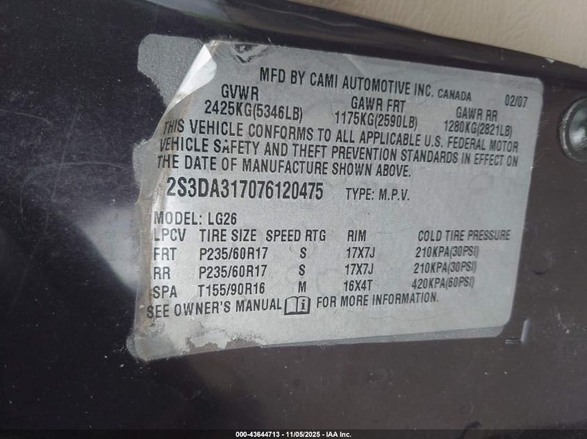 2007 Suzuki Xl7 Luxury VIN: 2S3DA317076120475 Lot: 43644713