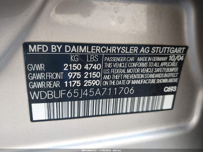 2005 Mercedes-Benz E 320 VIN: WDBUF65J45A711706 Lot: 43644727