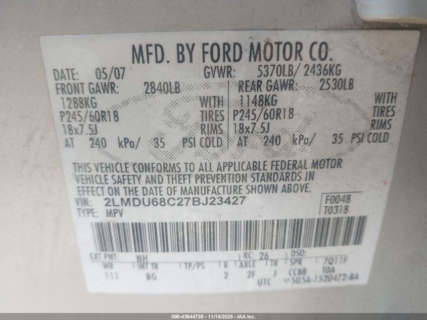 2007 Lincoln Mkx VIN: 2LMDU68C27BJ23427 Lot: 43644735