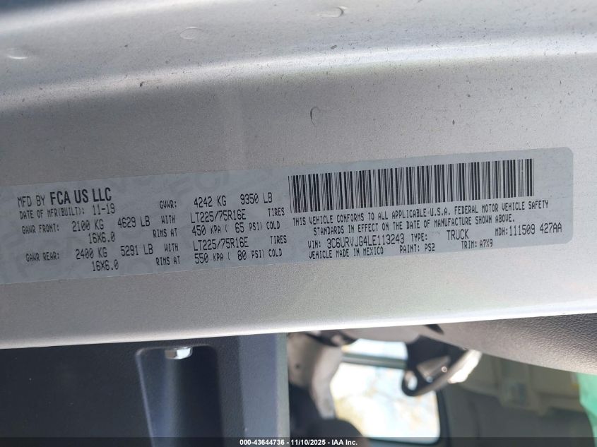 2020 Ram Promaster 3500 Cargo Van High Roof 159 Wb Ext VIN: 3C6URVJG4LE113243 Lot: 43644736