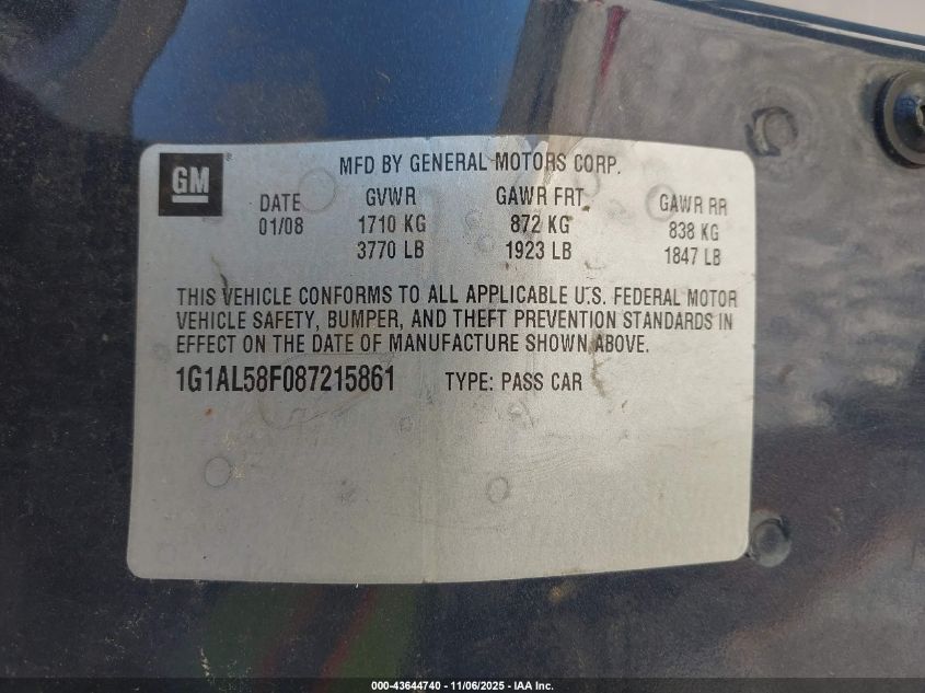 2008 Chevrolet Cobalt Lt VIN: 1G1AL58F087215861 Lot: 43644740
