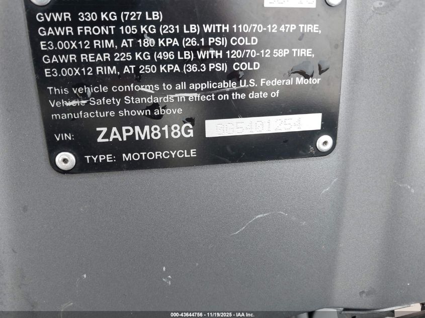 2016 Vespa Sprint 150 3V VIN: ZAPM818G0G5401254 Lot: 43644756