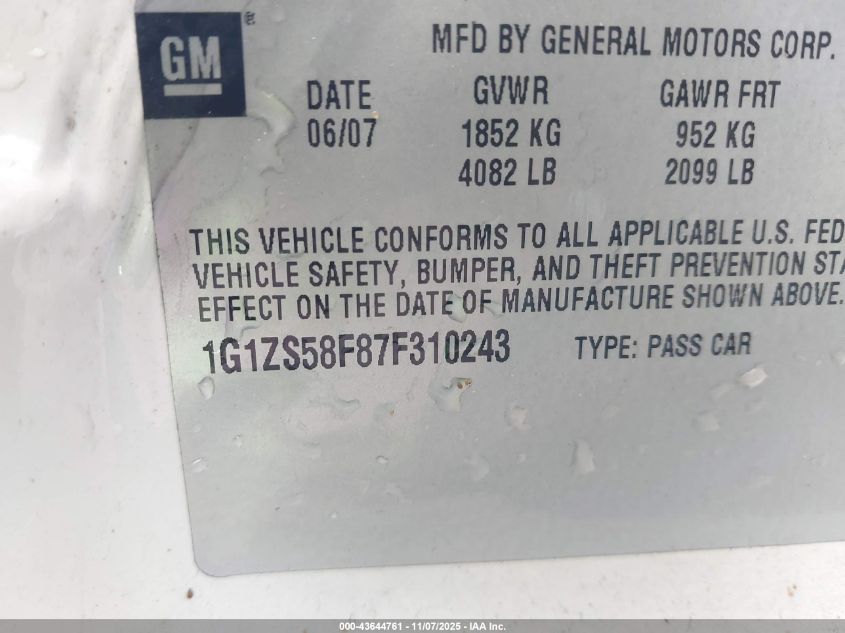 2007 Chevrolet Malibu Ls VIN: 1G1ZS58F87F310243 Lot: 43644761