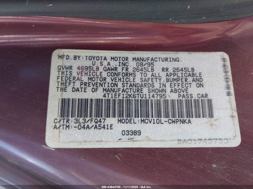 1996 Toyota Camry Le VIN: 4T1EF12K6TU114795 Lot: 43644765