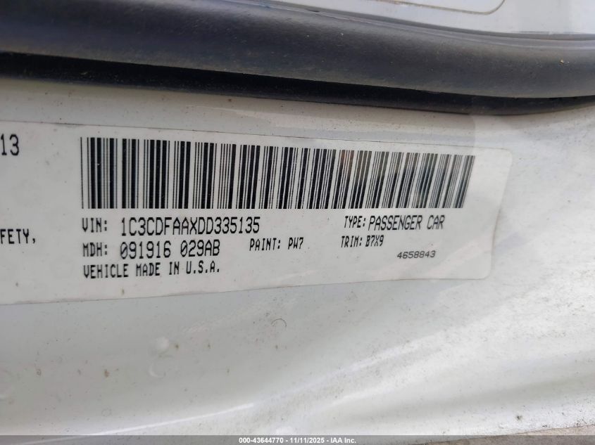 2013 Dodge Dart Se VIN: 1C3CDFAAXDD335135 Lot: 43644770