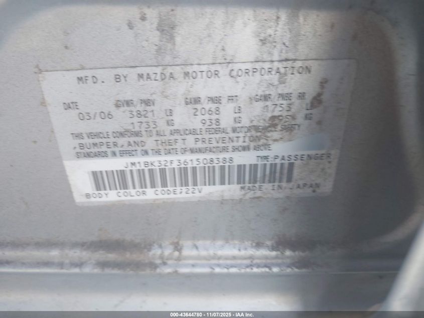 2006 Mazda Mazda3 I VIN: JM1BK32F361508388 Lot: 43644780
