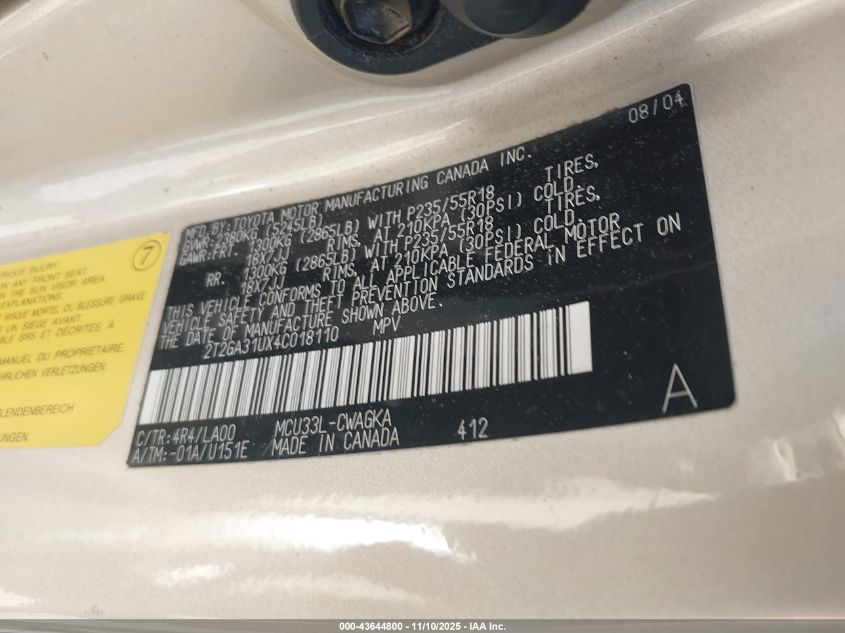 2004 Lexus Rx 330 VIN: 2T2GA31UX4C018110 Lot: 43644800