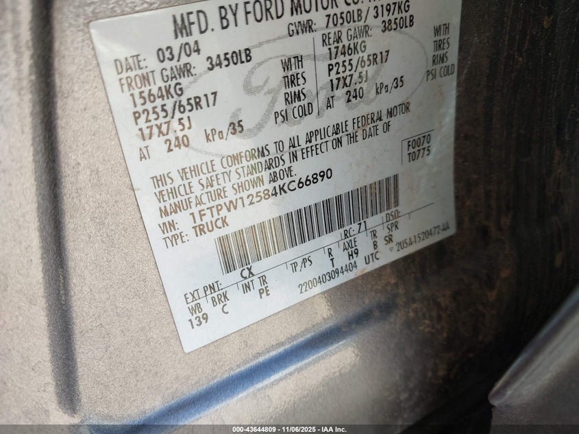 1FTPW12584KC66890 2004 FORD F-150 photo no. 9