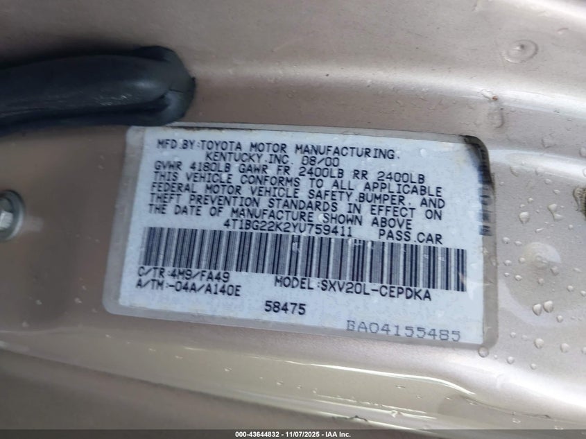 2000 Toyota Camry Ce VIN: 4T1BG22K2YU759411 Lot: 43644832