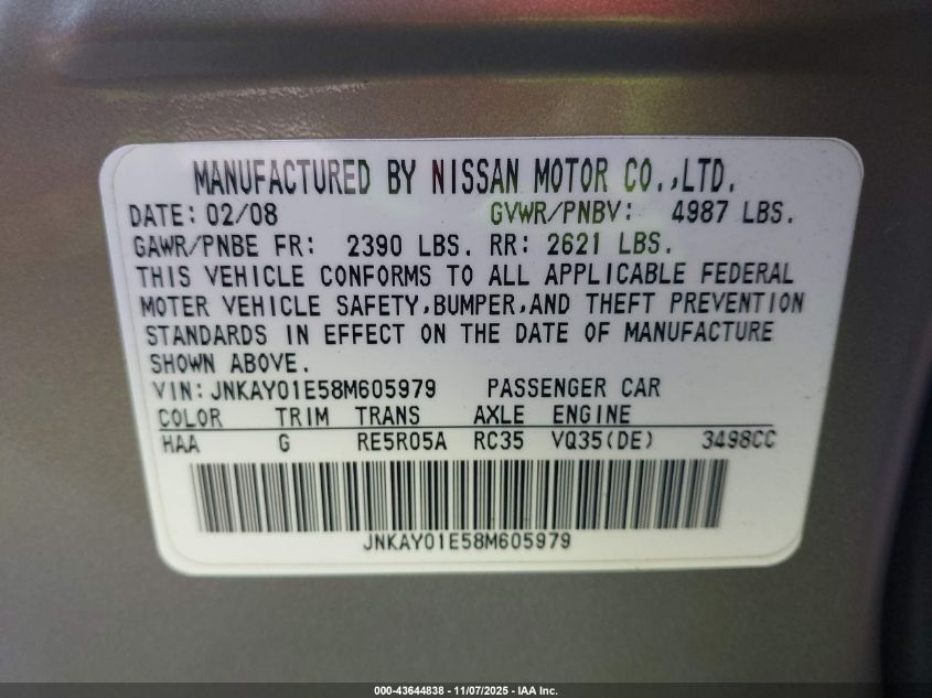 2008 Infiniti M35 VIN: JNKAY01E58M605979 Lot: 43644838