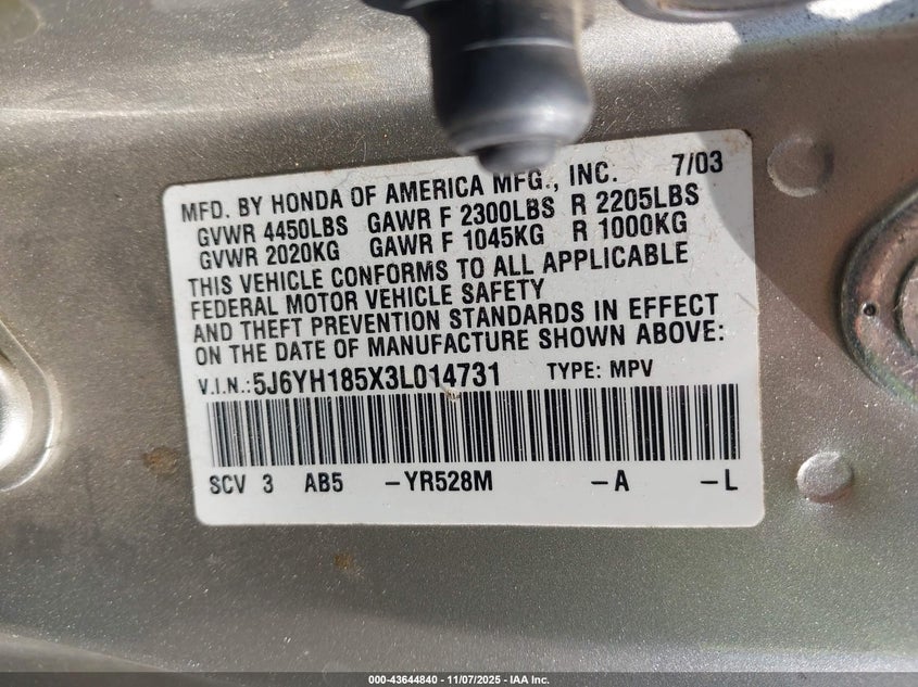 2003 Honda Element Ex VIN: 5J6YH185X3L014731 Lot: 43644840