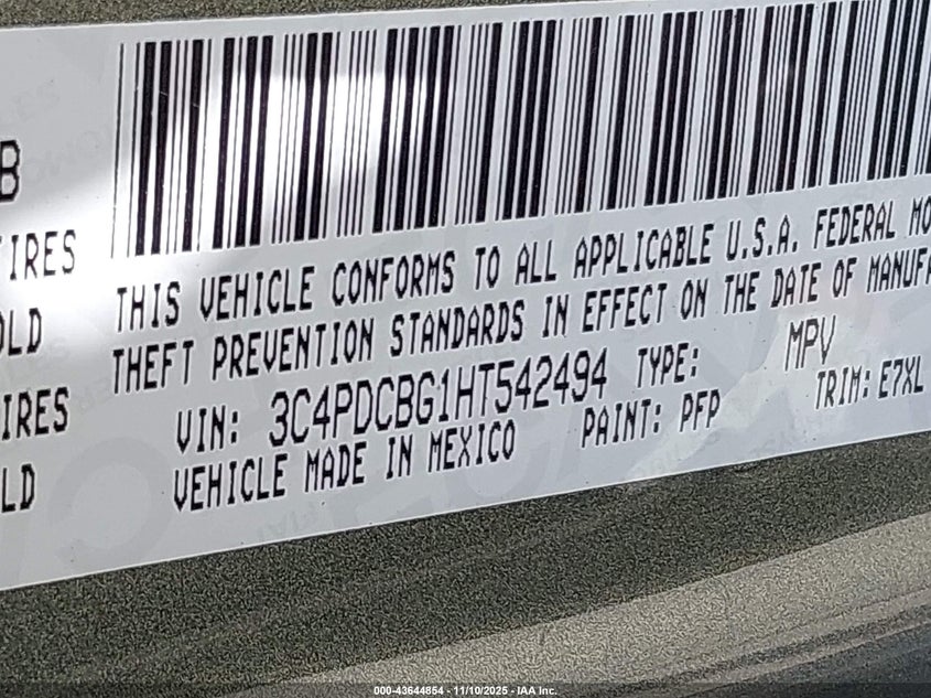 2017 Dodge Journey Sxt VIN: 3C4PDCBG1HT542494 Lot: 43644854