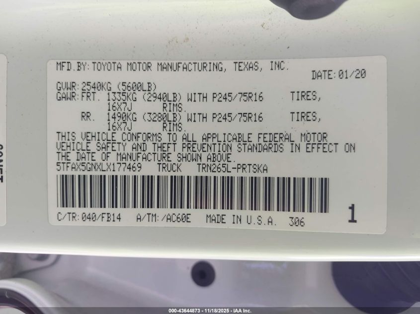 2020 Toyota Tacoma Sr VIN: 5TFAX5GNXLX177469 Lot: 43644873
