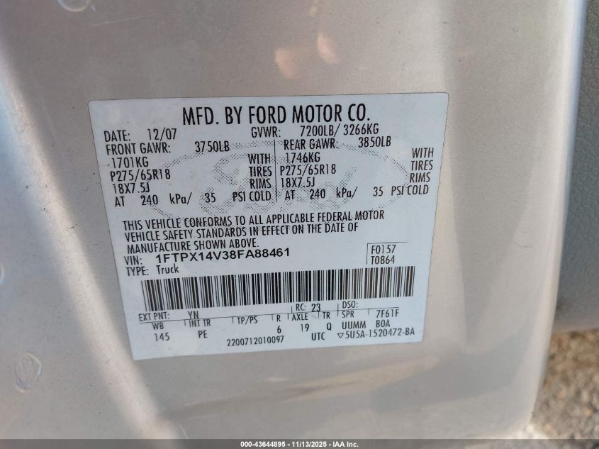 2008 Ford F-150 Fx4/Lariat/Xl/Xlt VIN: 1FTPX14V38FA88461 Lot: 43644895
