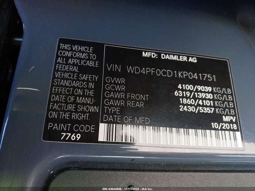 2019 Mercedes-Benz Sprinter 2500 Standard Roof V6 VIN: WD4PF0CD1KP041751 Lot: 43644896