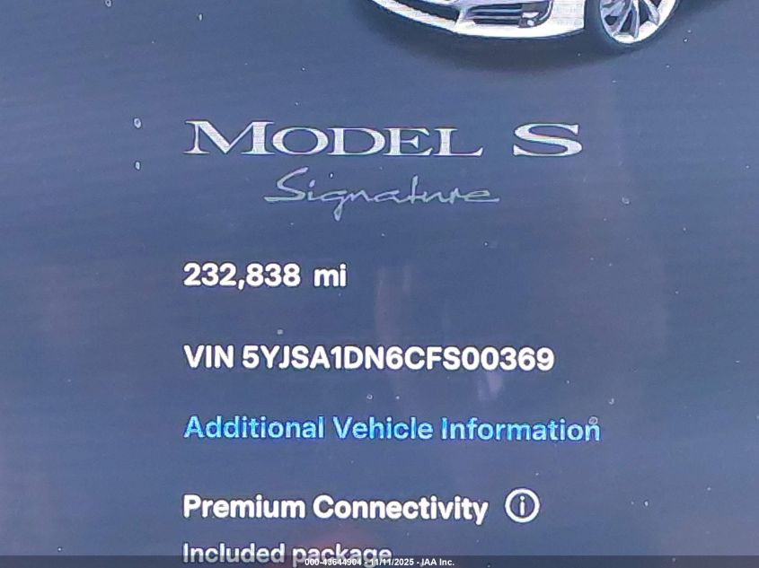 2012 Tesla Model S Signature VIN: 5YJSA1DN6CFS00369 Lot: 43644904