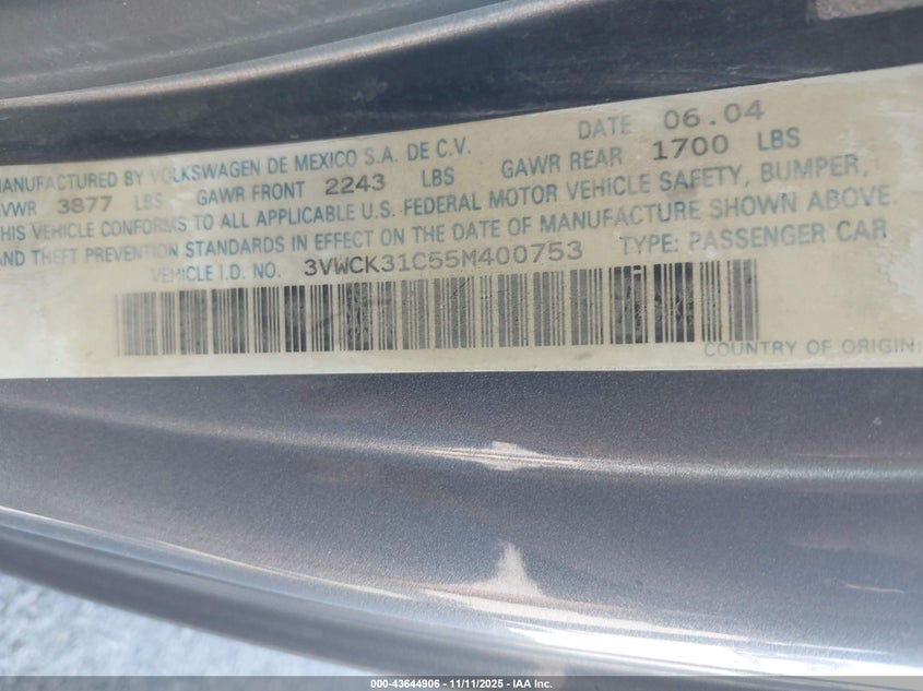 2005 Volkswagen New Beetle Coupe Gls VIN: 3VWCK31C55M400753 Lot: 43644906